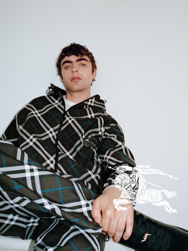 Lennon Gallagher wears a reversible check jacket with twill trousers for the Burberry Classics campaign.