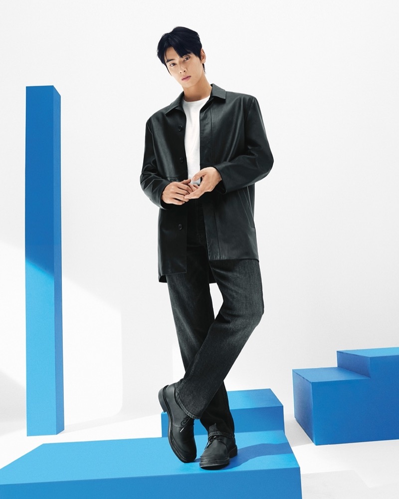 Actor Cha Eun-woo wears a Calvin Klein Studio lamb leather car coat with jeans.