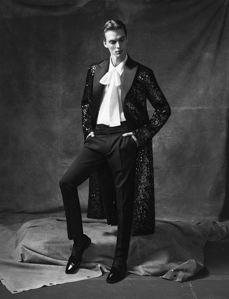 Leon Dame wears sequined eveningwear for Dolce & Gabbana’s fall-winter 2024 advertisement.