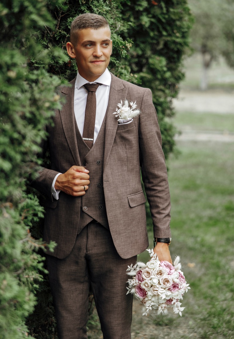 Embrace texture with your wedding suit to mirror the tactileness of the season.