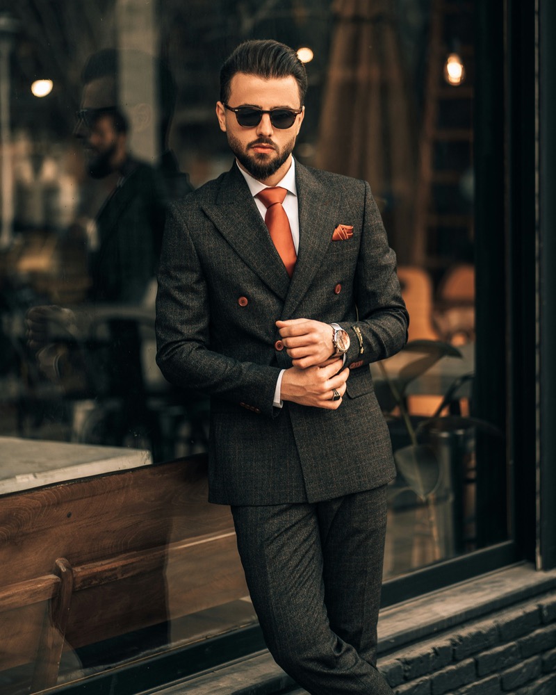 The double-breasted suit offers a dash of sophistication.