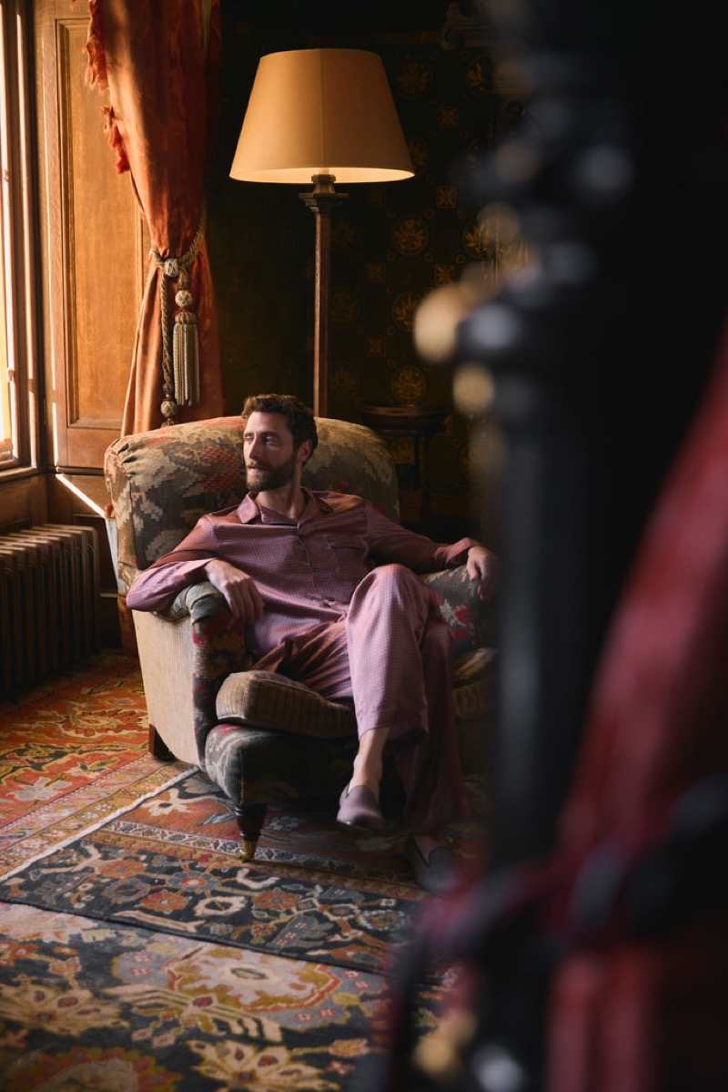 Elegant pajamas take the spotlight for the Huntsman fall-winter 2024 campaign.