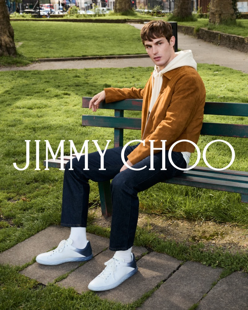 Kit Butler wears Jimmy Choo’s Diamond Light/M II sneakers for the brand’s fall 2024 campaign.