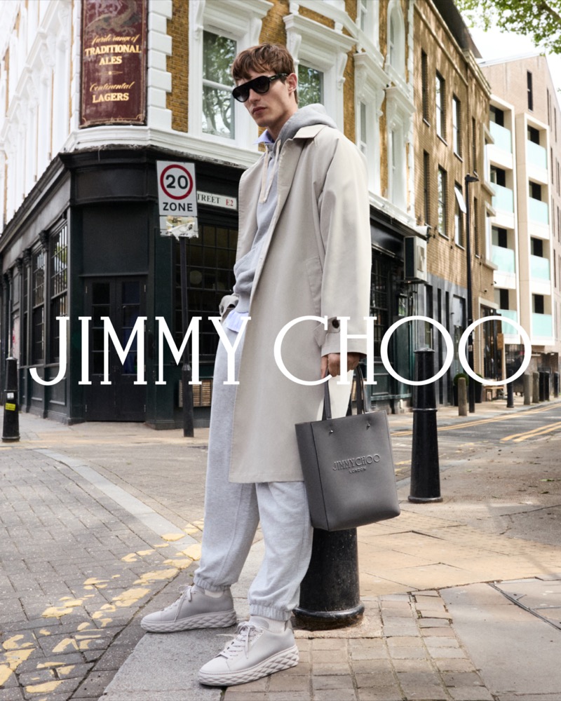 Kit Butler sports Jimmy Choo’s Diamond Maxi/M II sneakers for the brand’s fall 2024 advertisement.