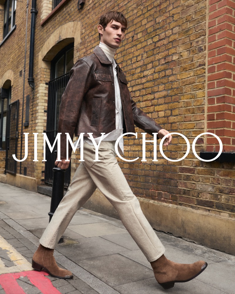 Embracing a rocker aesthetic, Kit Butler dons Jimmy Choo’s Sammy/M boots for the fall 2024 advertisement.