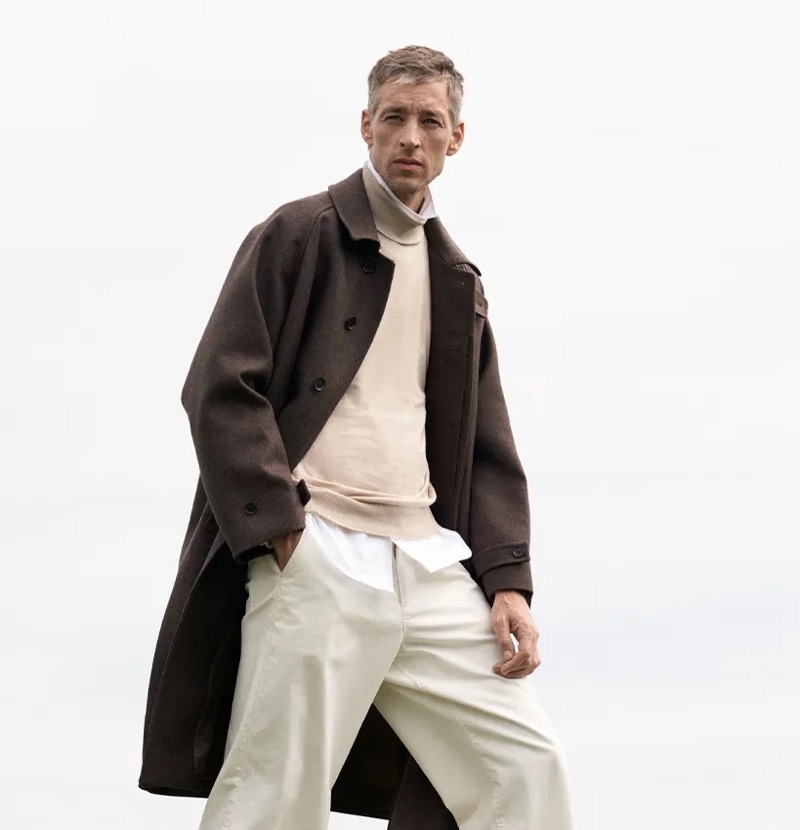 Joel Frampton sports John Smedley’s wool Balmacaan coat from the brand’s Japan Anniversary collection.