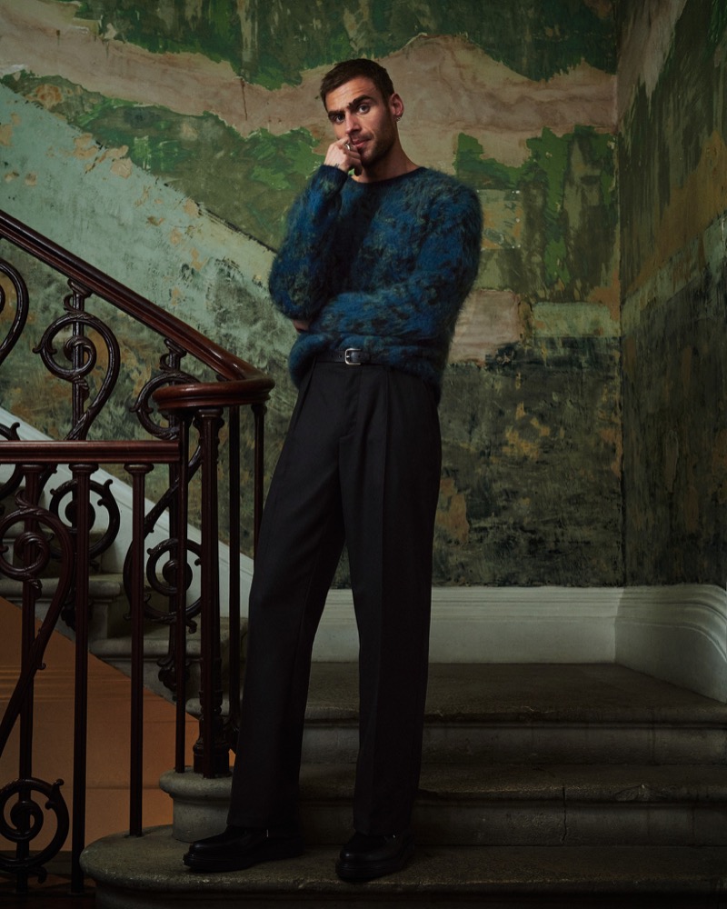 George Alsford models a cashmere sweater and trousers from John Varvatos’ fall 2024 collection.