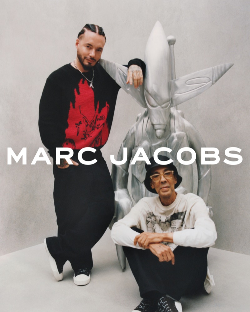 J Balvin and Futura share the spotlight in the Marc Jacobs x Futura capsule collection advertisement.