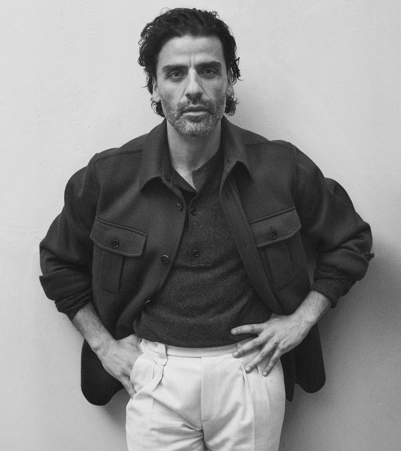 Actor Oscar Isaac wears Brioni’s Vagabond overshirt for the brand’s fall-winter 2024 advertisement.