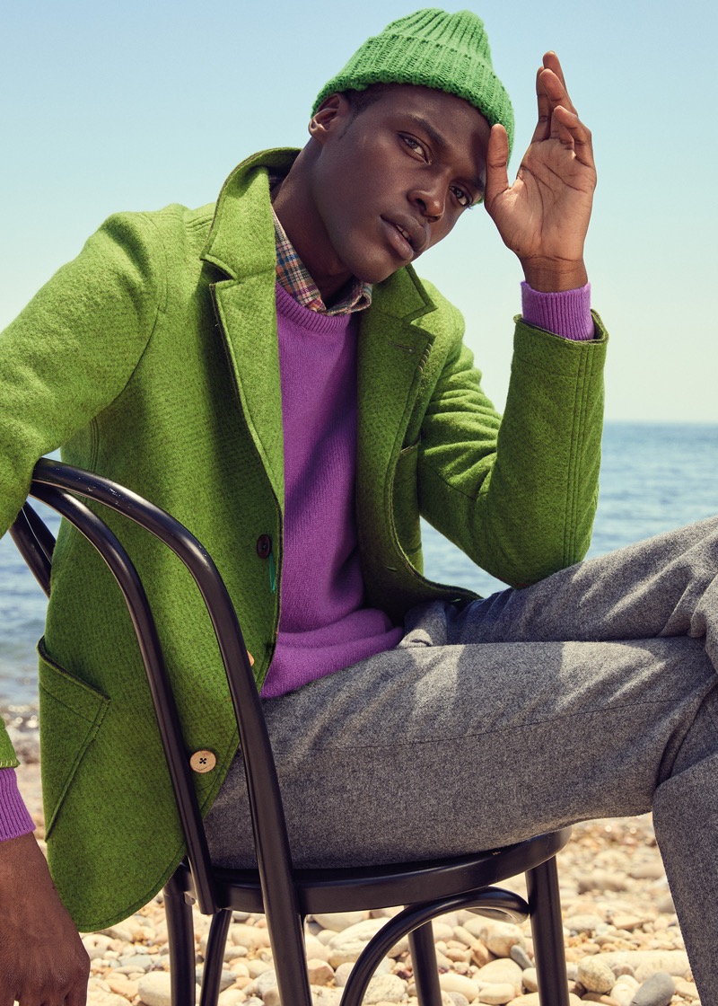 Terry Frimpong makes a sartorial splash in a vibrant green jacket from Paul Stuart’s fall 2024 collection. 