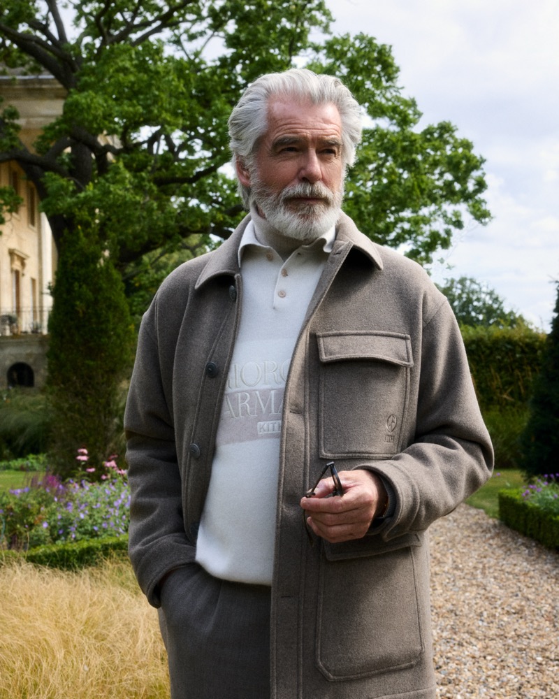 Going casual, Pierce Brosnan wears a Giorgio Armani x Kith field jacket.