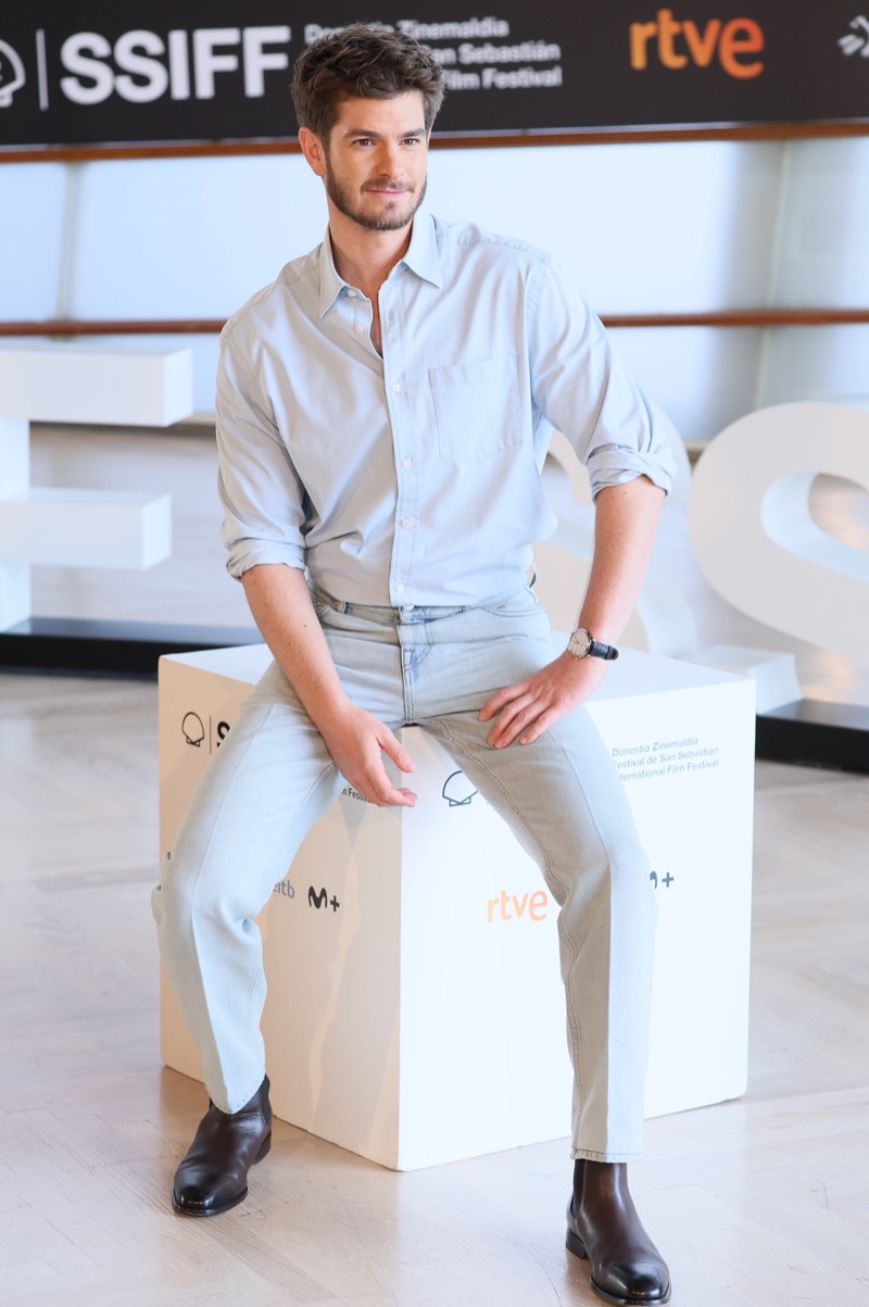 Andrew Garfield wears a Dunhill outfit at the 72nd San Sebastian Film Festival. 