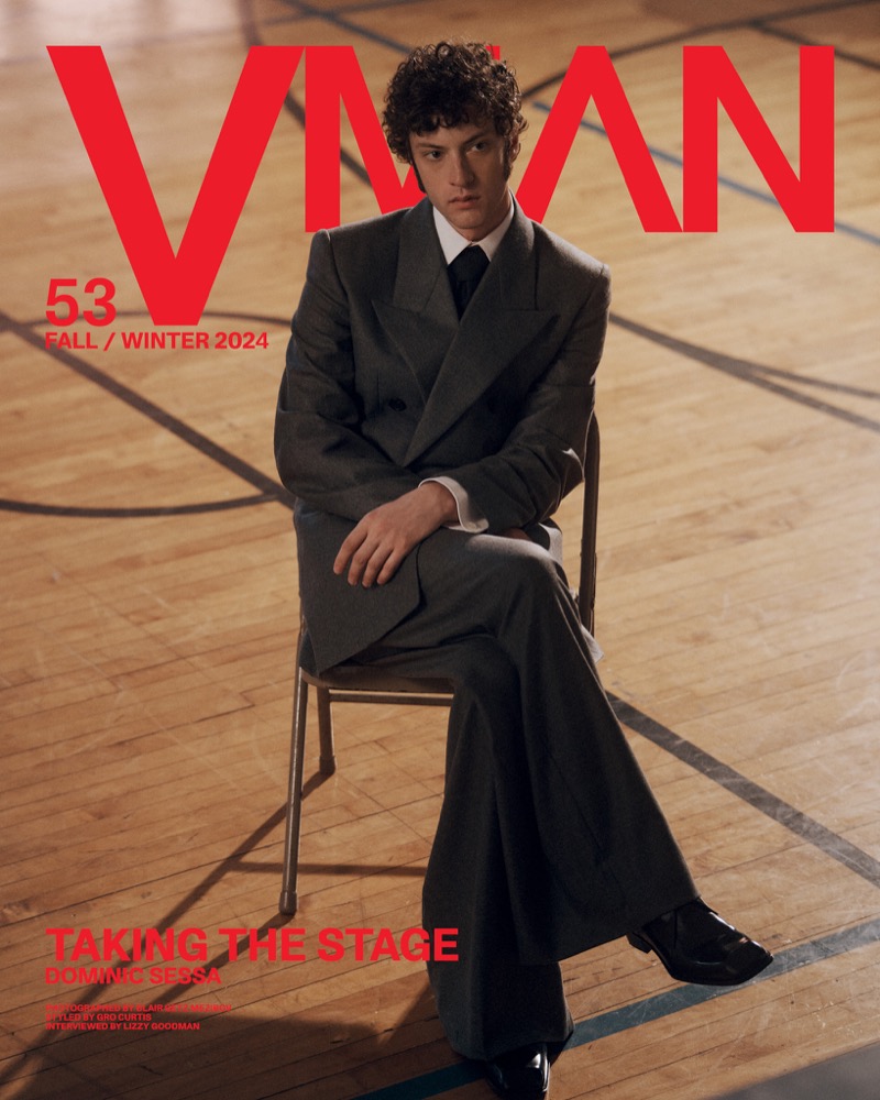 Dominic Sessa covers VMAN, wearing a double-breasted suit by Saint Laurent.