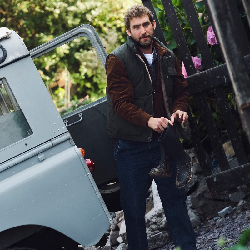 British model wears a utility vest with PrimaLoft from J.Crew. 