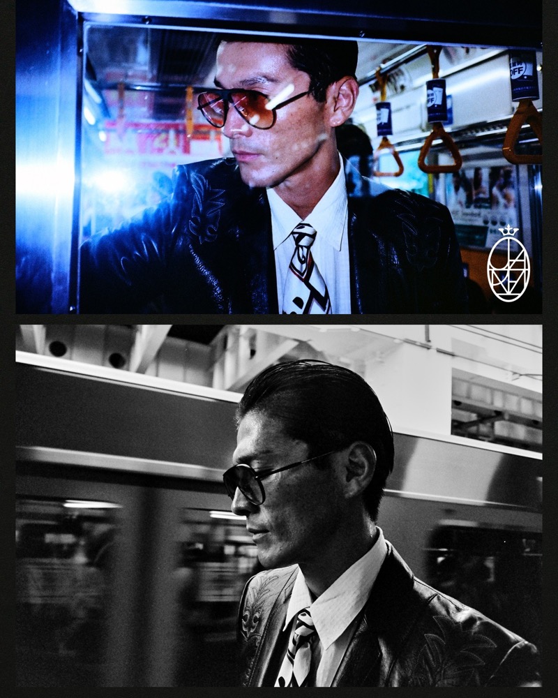 Taking the train, Daisuke Ueda is a cool vision in Jacques Marie Mage’s new Daido sunglasses.