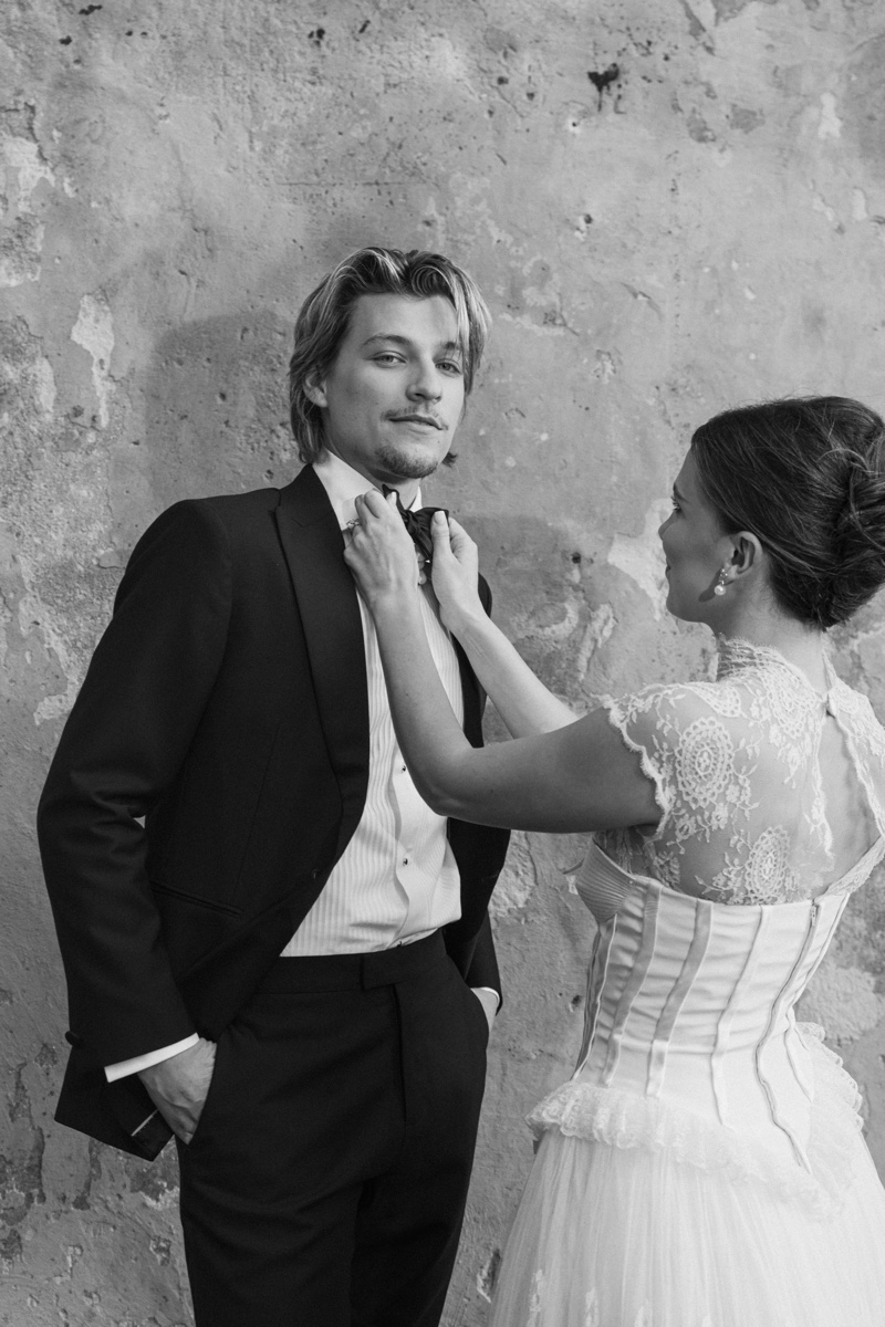 Wedded Bliss: Millie Bobby Brown adjusts Jake Bongiovi’s bow tie. 