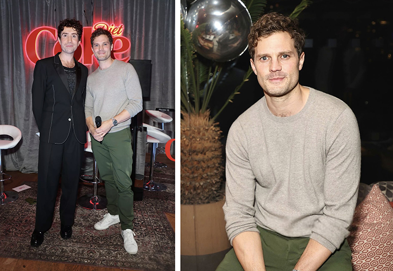 Jamie Dornan poses for photos with Nick Grimshaw at the launch event for his Diet Coke campaign.