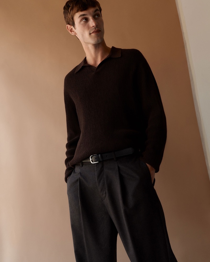 British model Kit Butler wears a Merino wool sweater polo from Madewell’s fall 2024 collection.