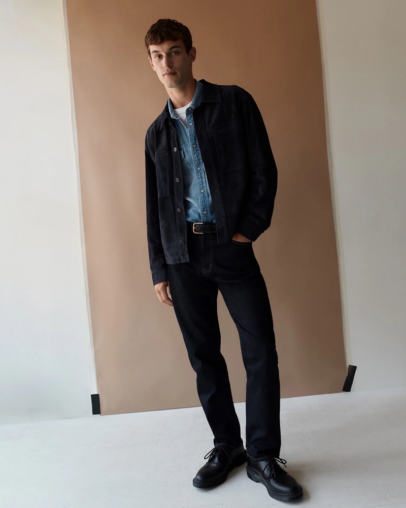 Embracing casual style, Kit Butler wears Japanese selvedge denim from Madewell.