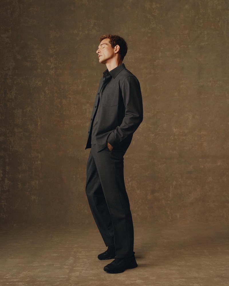 Channeling workwear style in grey, Alexandre Cunha showcases the latest from Theory. 