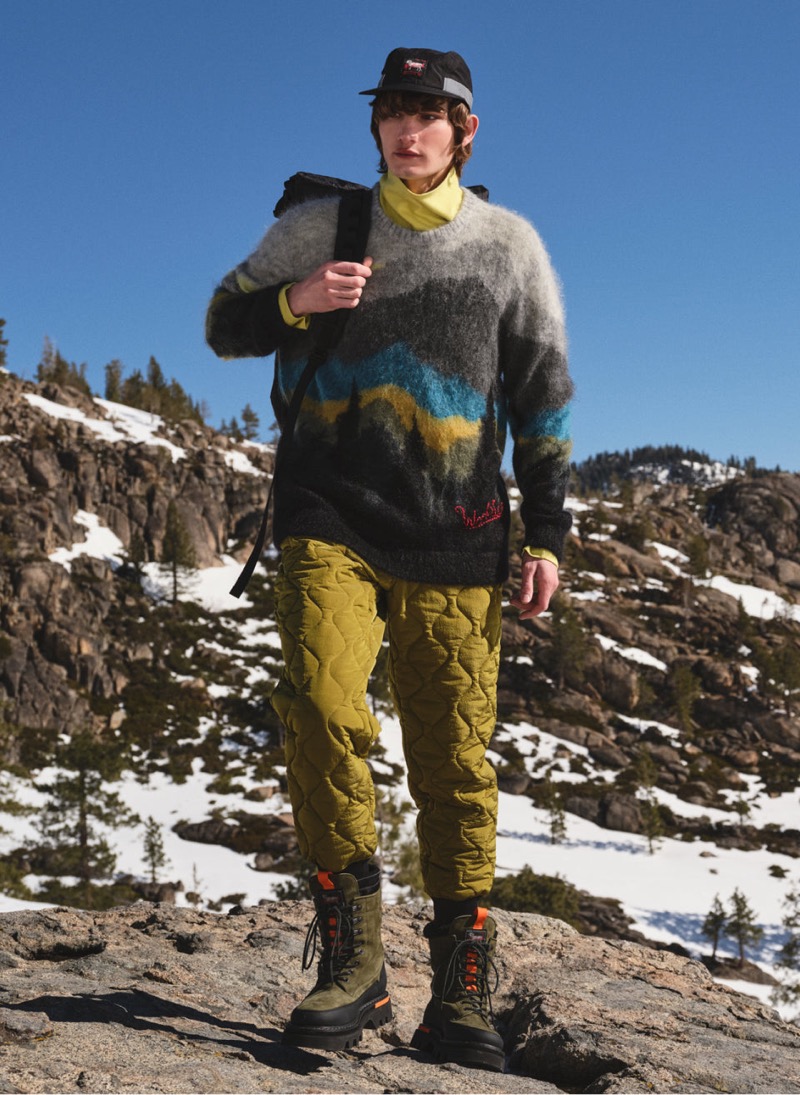 Silas Lutz Fabian wears a Todd Snyder for Woolrich Black Label mohair sweater with quilted pants.