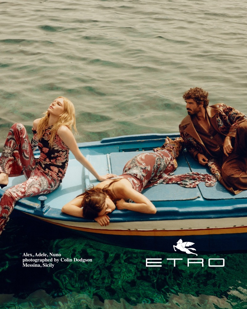 Models Alex Consani, Adele Aldighieri, and Nuno Marques appear in the Etro fall-winter 2024 campaign.