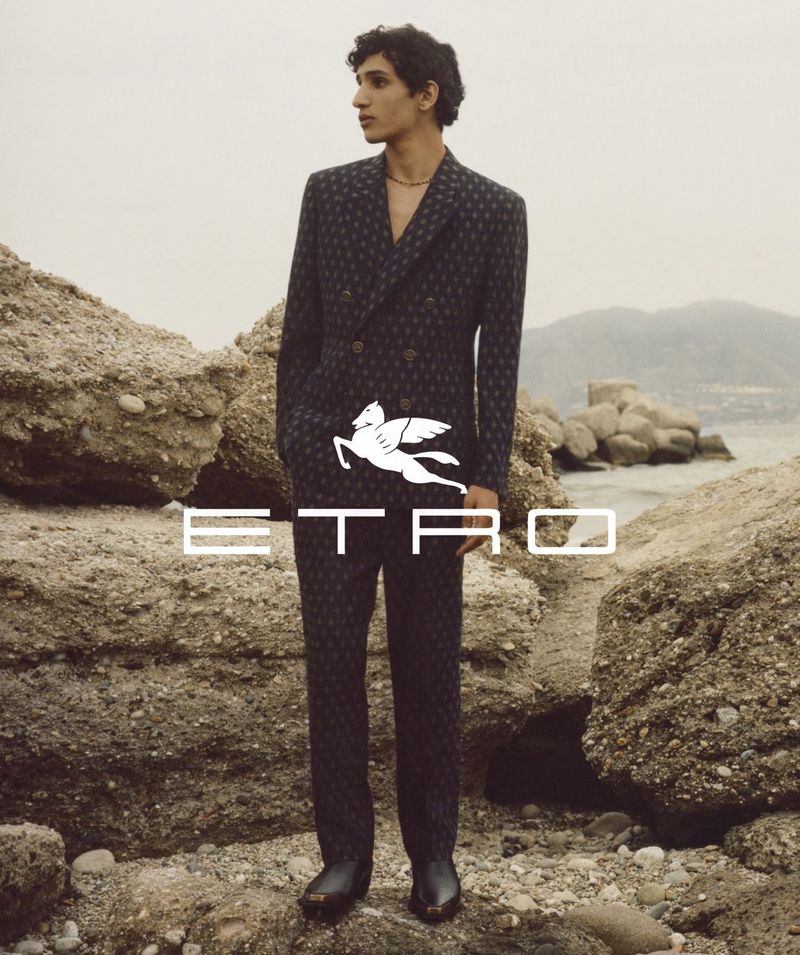 Bilal Bourhattas fronts Etro’s fall-winter 2024 campaign in a patterned suit.