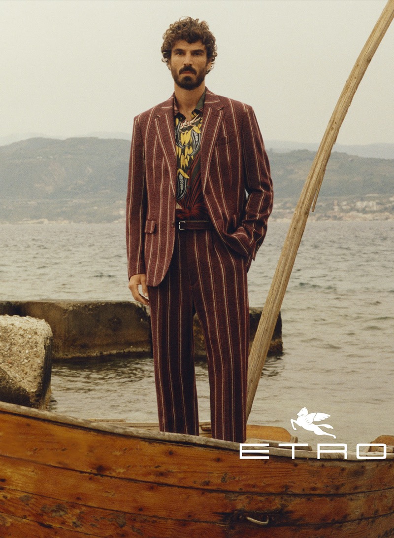 Nuno Marques wears a striped suit for Etro’s fall-winter 2024 campaign.